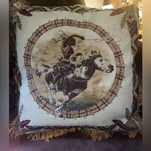 Vintage Native American or Western-themed tapestry decorative throw pillow